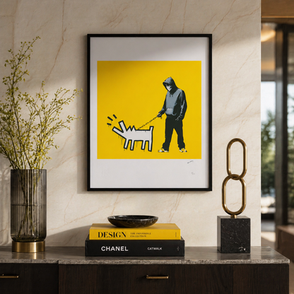 Banksy Barking Dog (Gelb) Lithographie Bögen 300 g/m² 42 x 59 cm