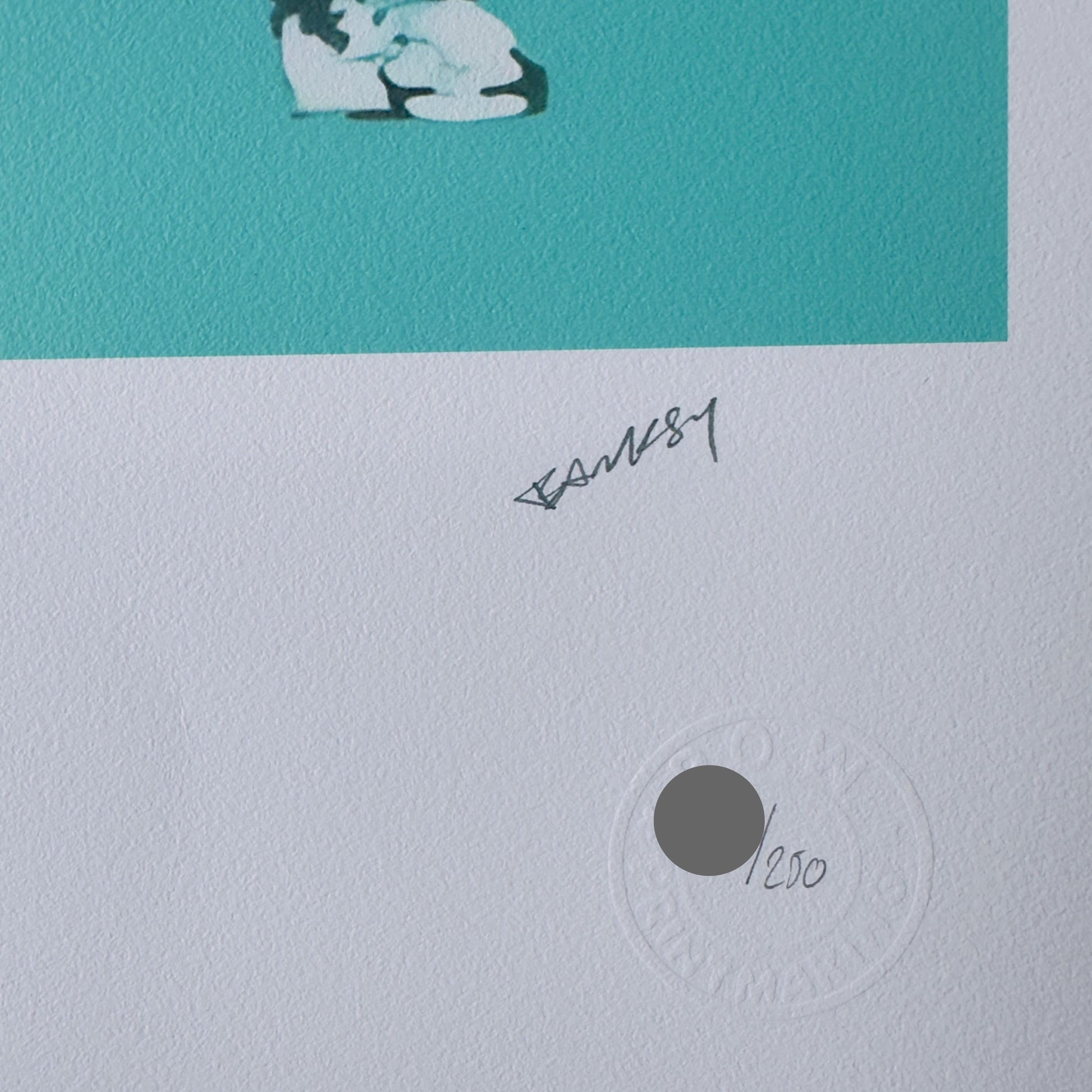 Genummerde editie BANKSY Barking dog (turquoise) Gesigneerd - certificaat - Wall Art, Grafitti Art, Lithograph, Stencil Art